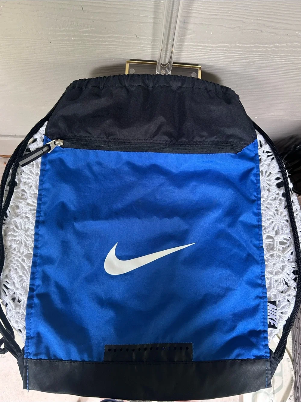 Nike Royal Blue and Black Drawstring Backpack with White Swoosh